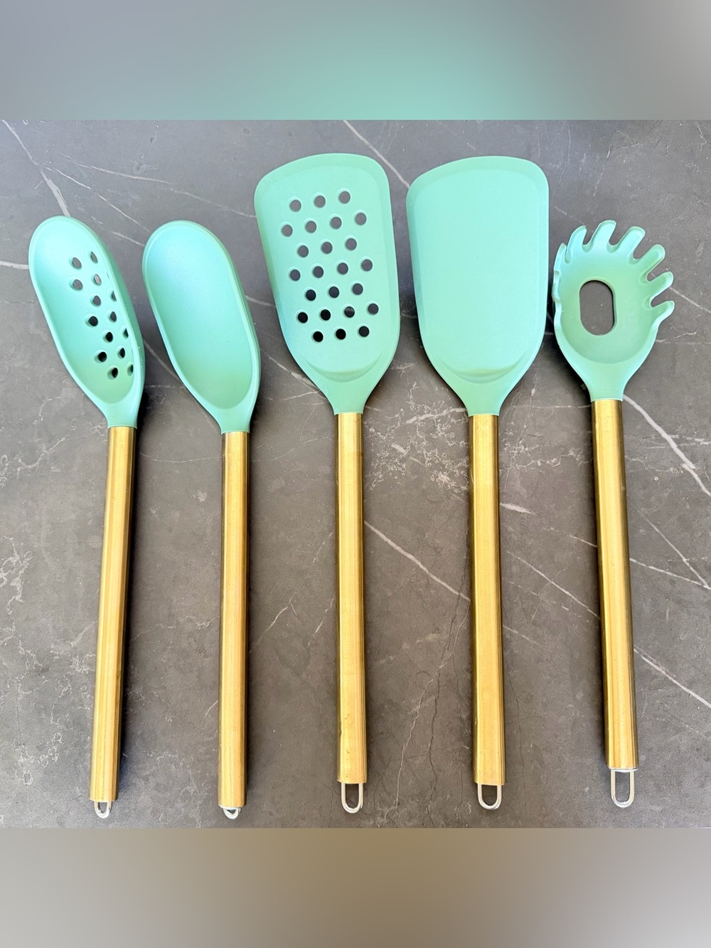Cooking Utensils Green silicone w “brass” VGC